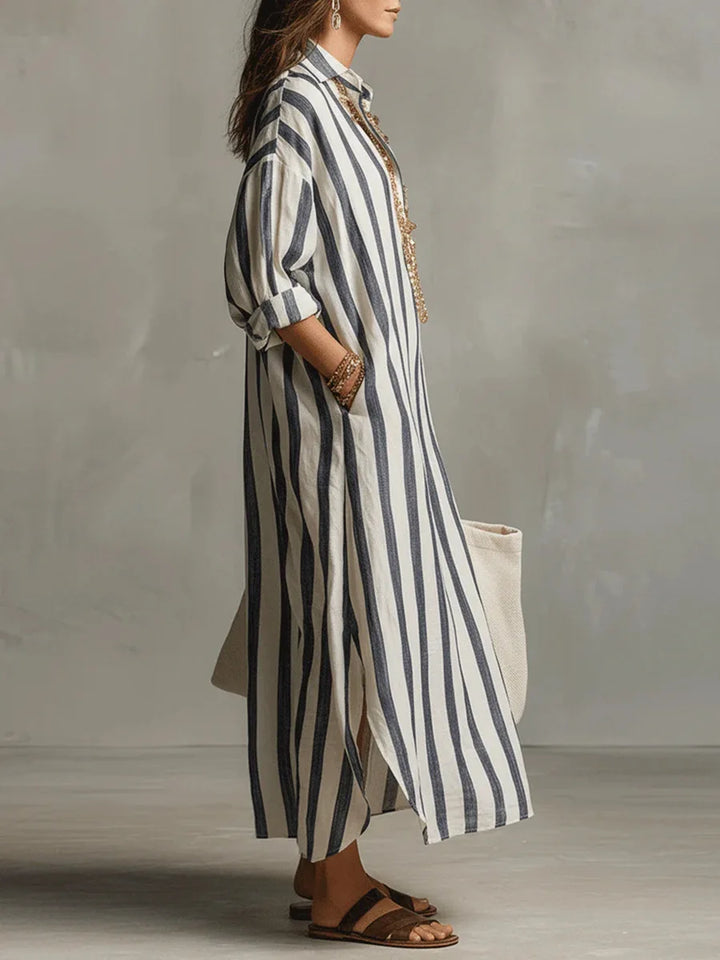 Zelie | Striped Shirt Maxi Dress with Long Sleeves and Side Pockets