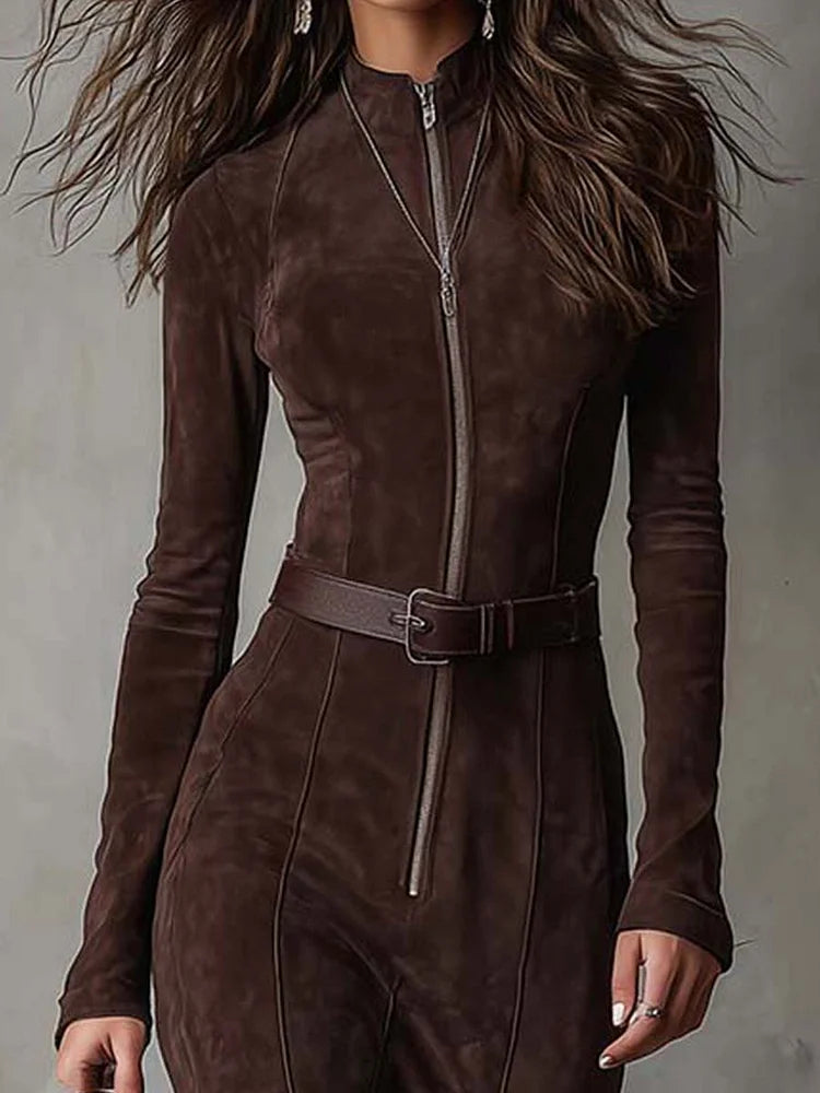 Aileen - Long brown dress with belt