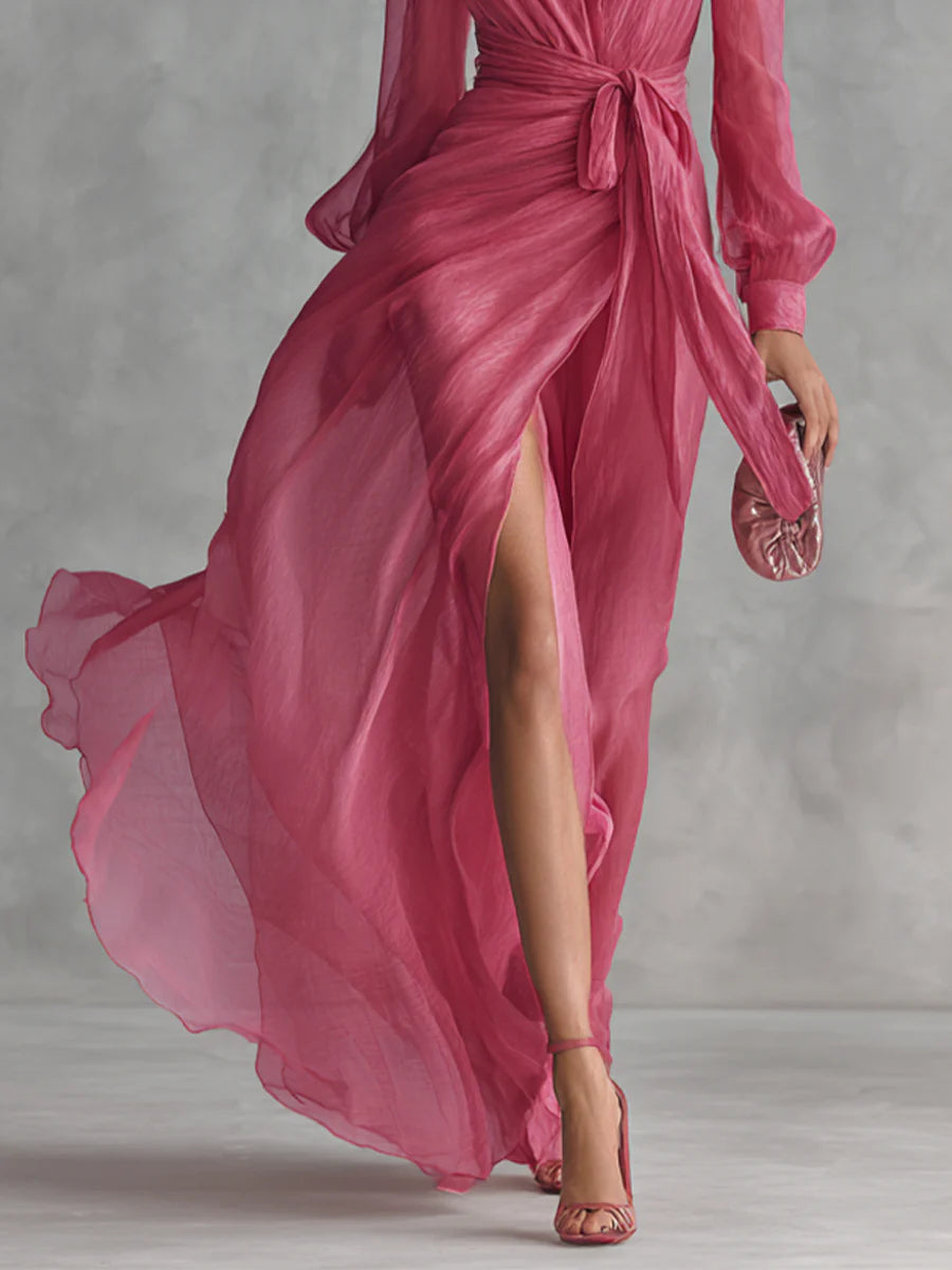 Beryl | Elegant Chiffon V-neck Tie-waist Long Dress