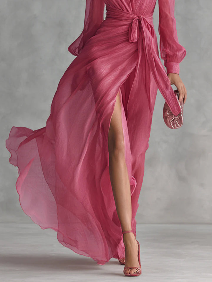 Beryl | Elegant Chiffon V-neck Tie-waist Long Dress