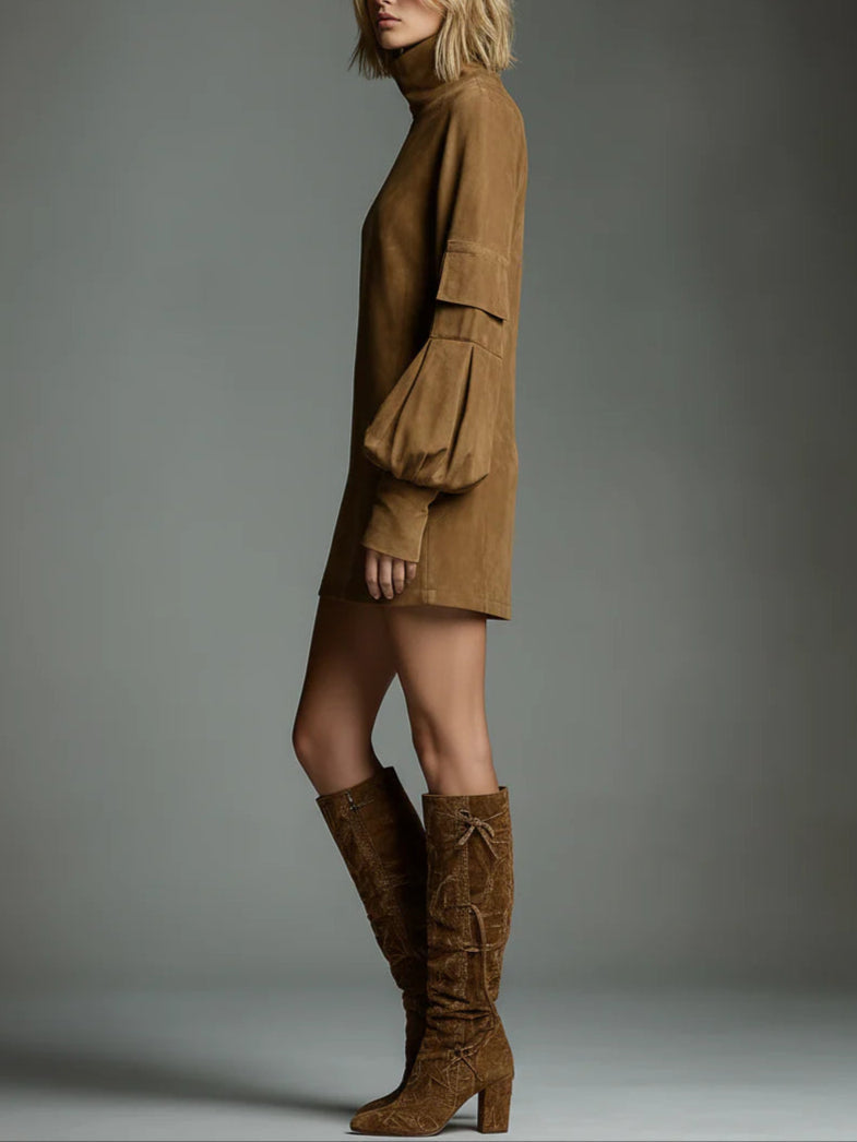 Angelica - Loose-Fit Suede Mini Dress with High Neck