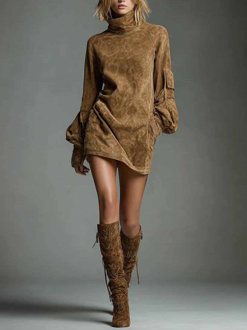 Angelica - Loose-Fit Suede Mini Dress with High Neck