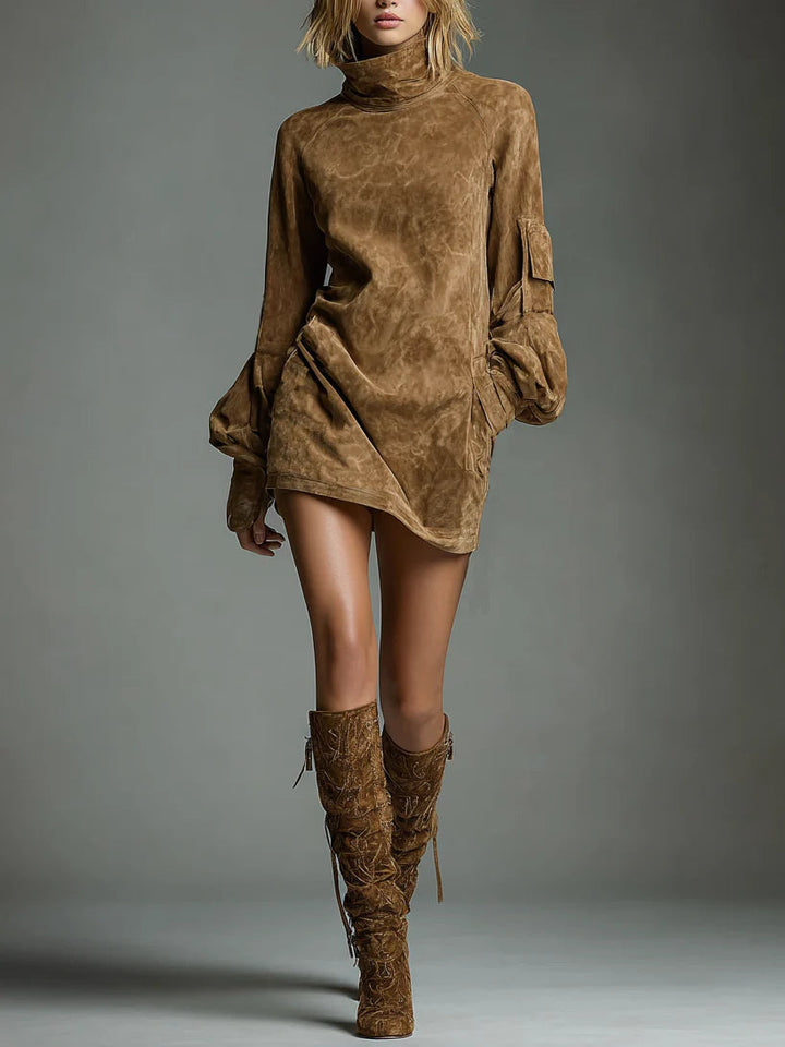 Angelica - Loose-Fit Suede Mini Dress with High Neck