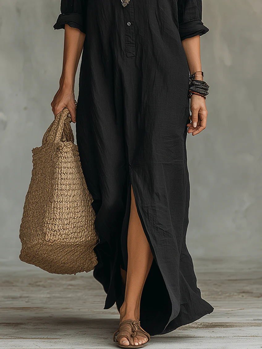 Odette™ | Loose Black Maxi Dress with Buttons