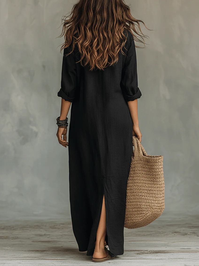 Odette™ | Loose Black Maxi Dress with Buttons