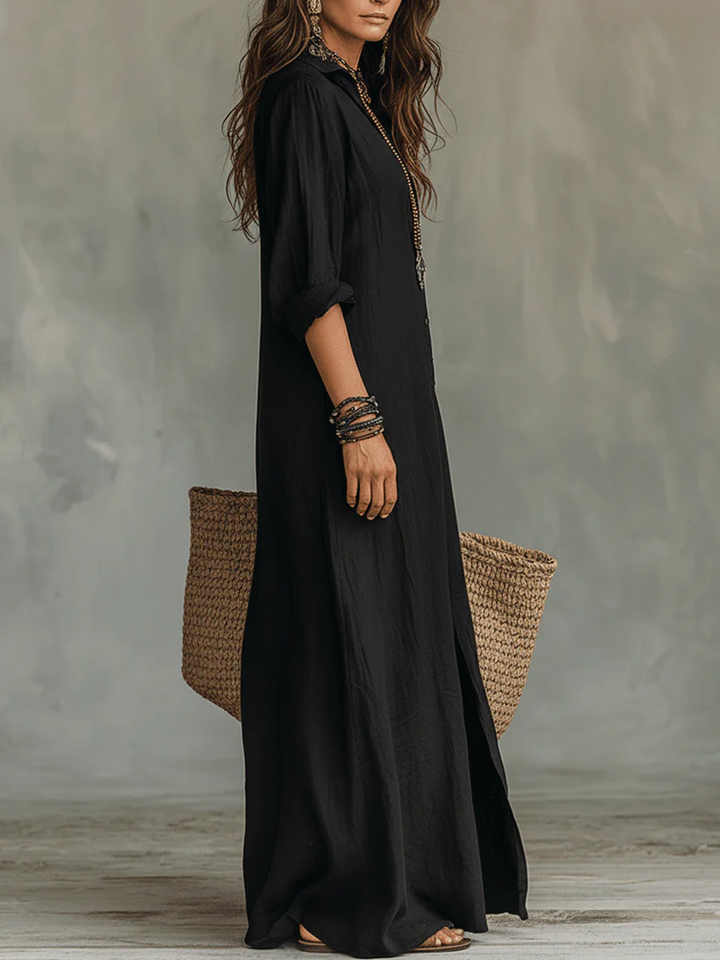 Odette™ | Loose Black Maxi Dress with Buttons