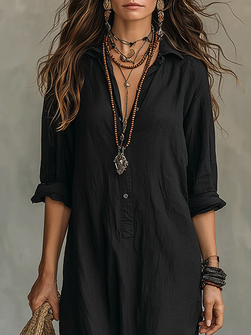 Lucille – Soft Black Maxi Dress with Buttons