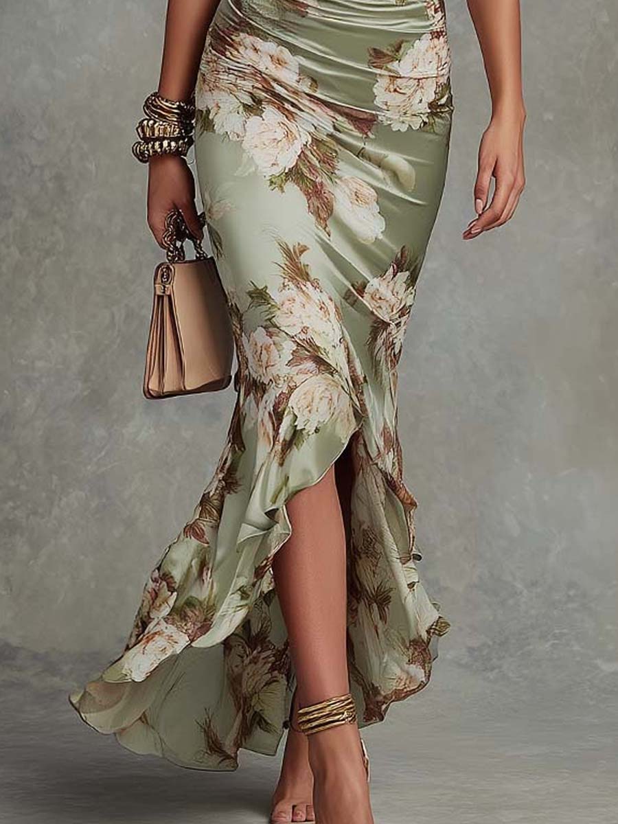 Clodagh | Long Satin Dress with Floral Print