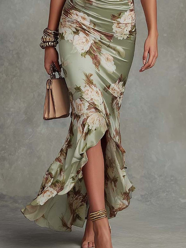 Clodagh | Long Satin Dress with Floral Print