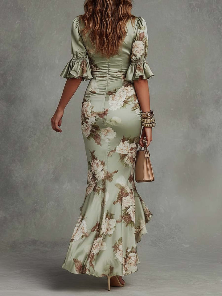 Clodagh | Long Satin Dress with Floral Print
