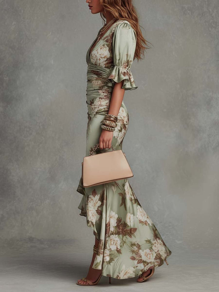 Clodagh | Long Satin Dress with Floral Print