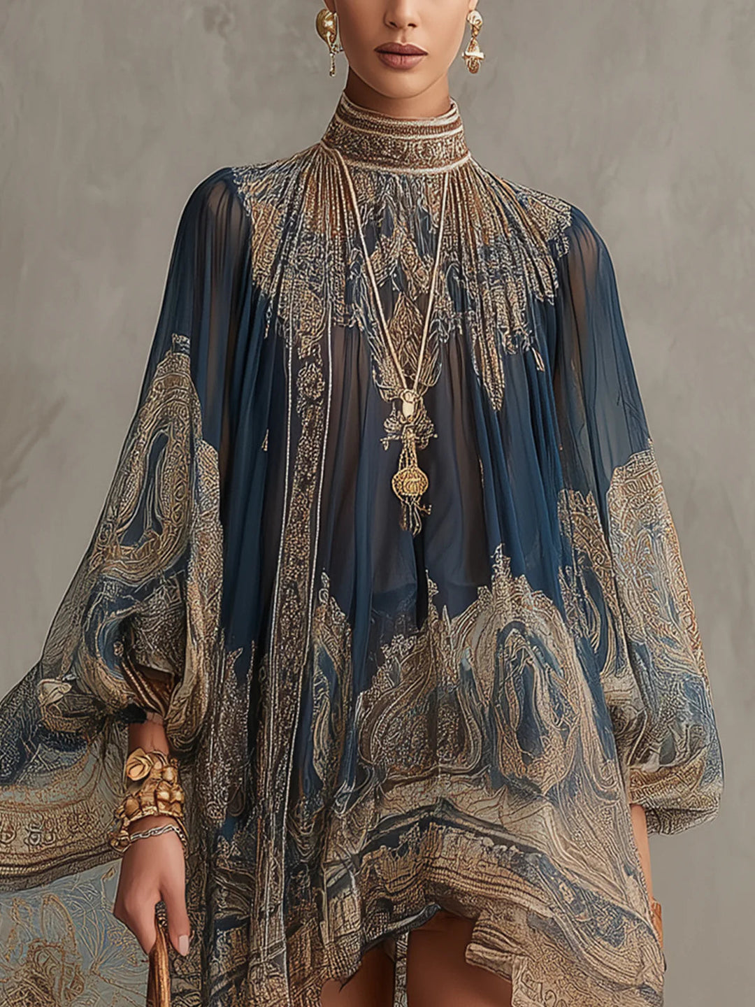 Saskia | Asymmetric Mini Dress in Lightweight Semi-Sheer Chiffon with Navy Blue Baroque Pattern and High Neckline