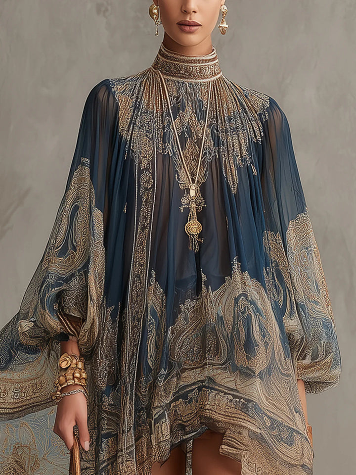 Claribel | Mini dress in navy blue chiffon with golden baroque print