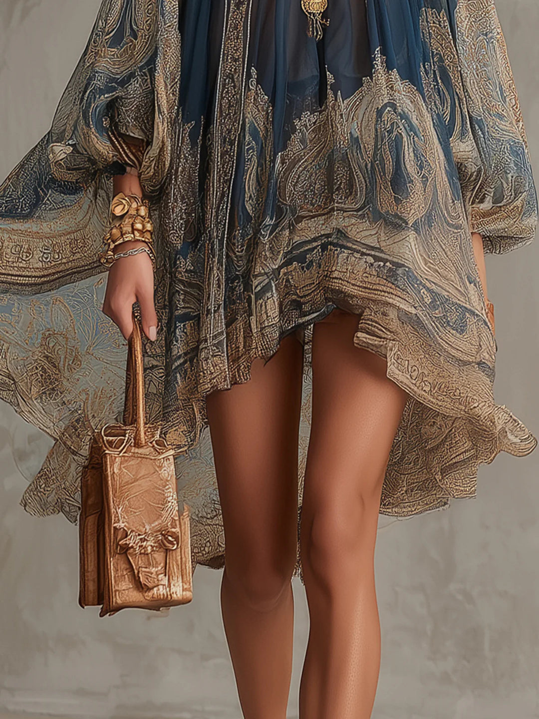 Saskia | Asymmetric Mini Dress in Lightweight Semi-Sheer Chiffon with Navy Blue Baroque Pattern and High Neckline