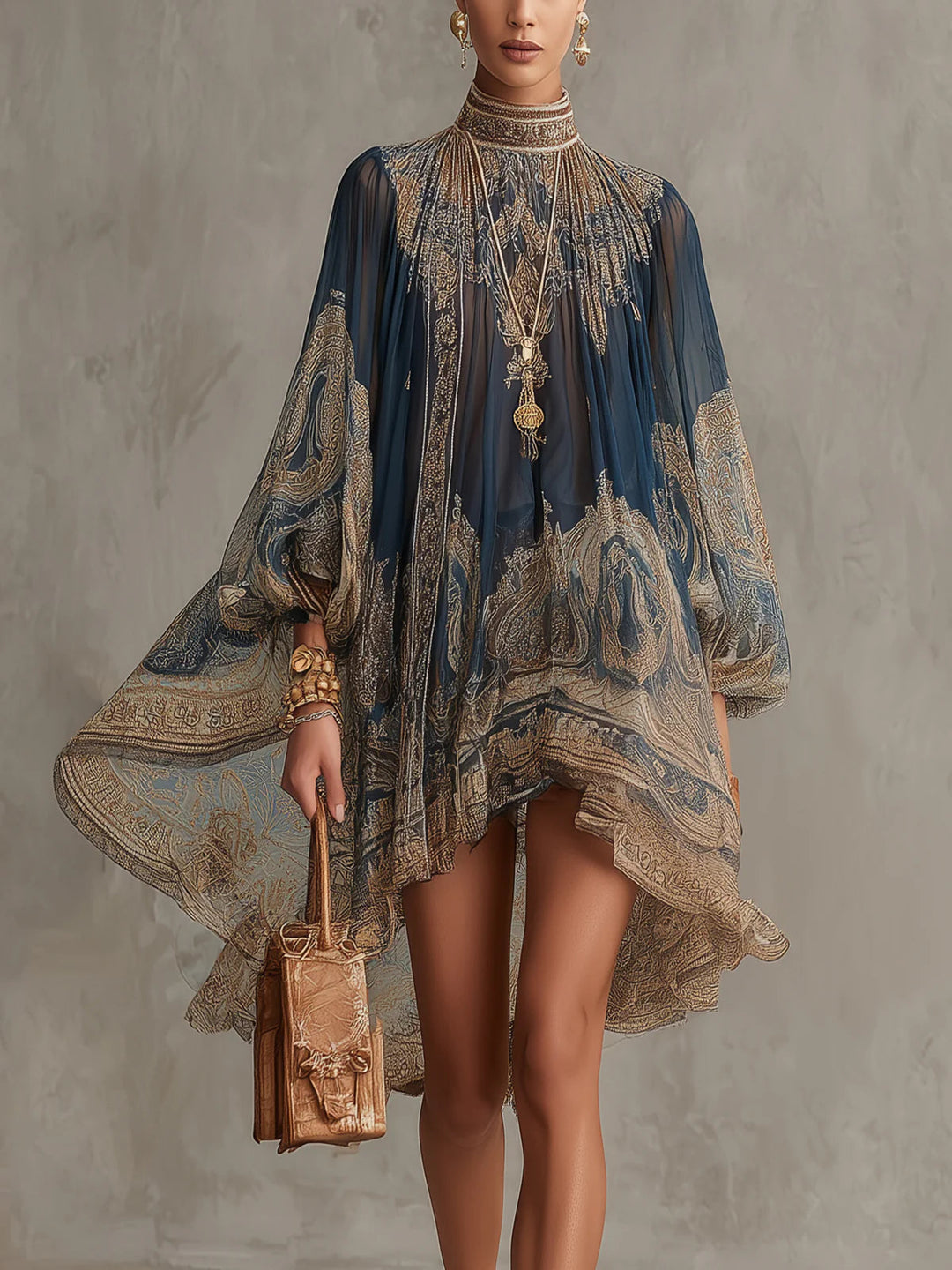 Claribel | Mini dress in navy blue chiffon with golden baroque print