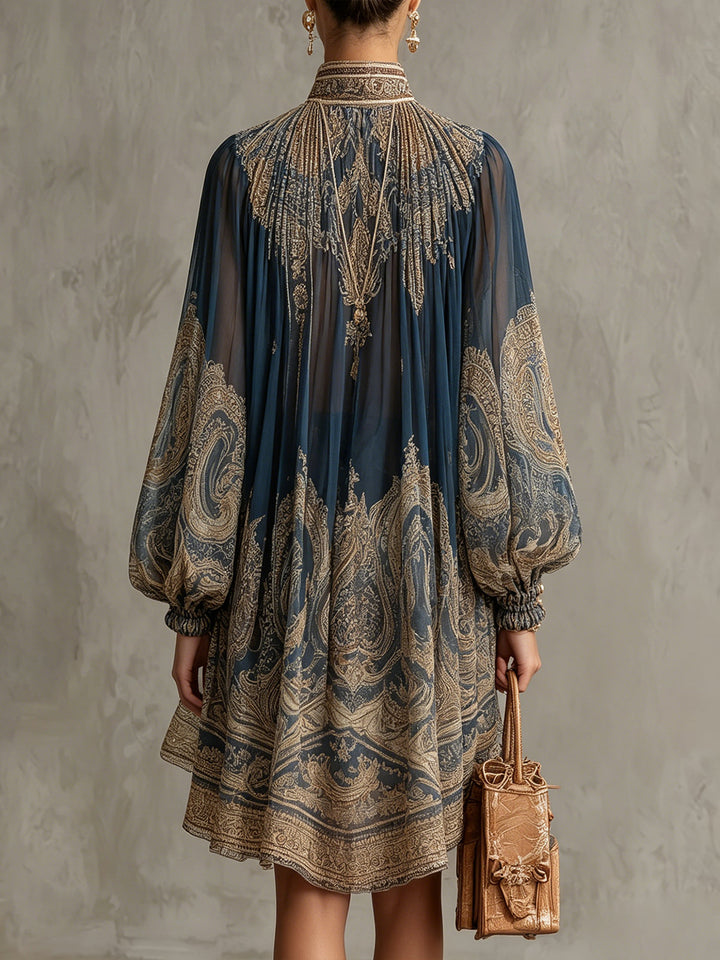Saskia | Asymmetric Mini Dress in Lightweight Semi-Sheer Chiffon with Navy Blue Baroque Pattern and High Neckline
