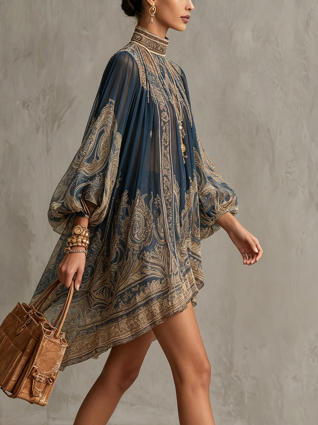 Saskia | Asymmetric Mini Dress in Lightweight Semi-Sheer Chiffon with Navy Blue Baroque Pattern and High Neckline