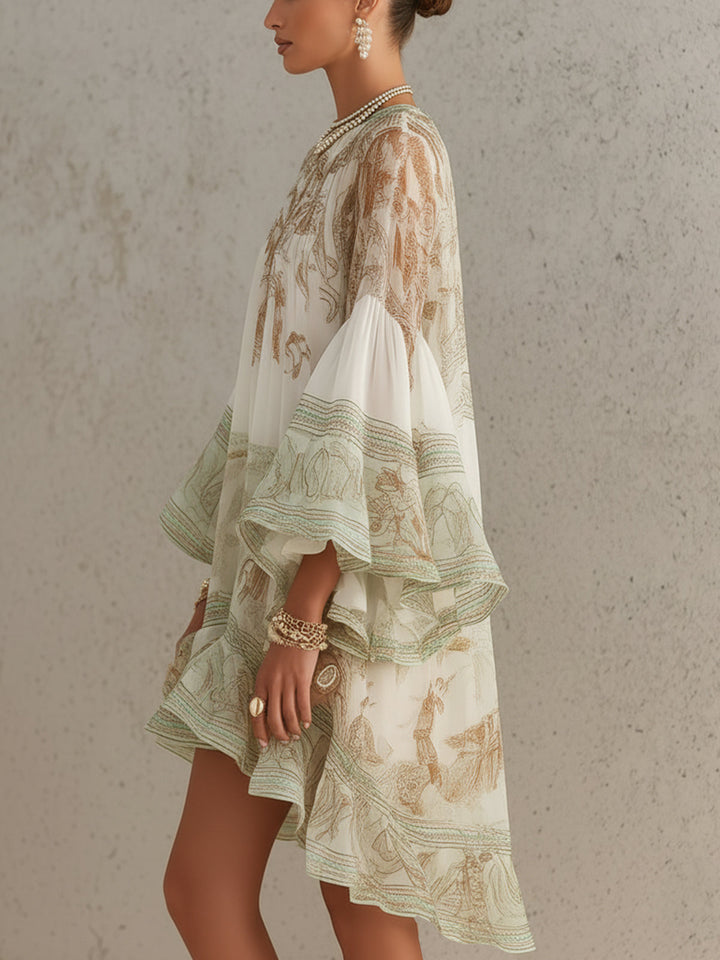 Bronwen | Chiffon Mini Dress with Ruffled Sleeves and Green Striped Hem