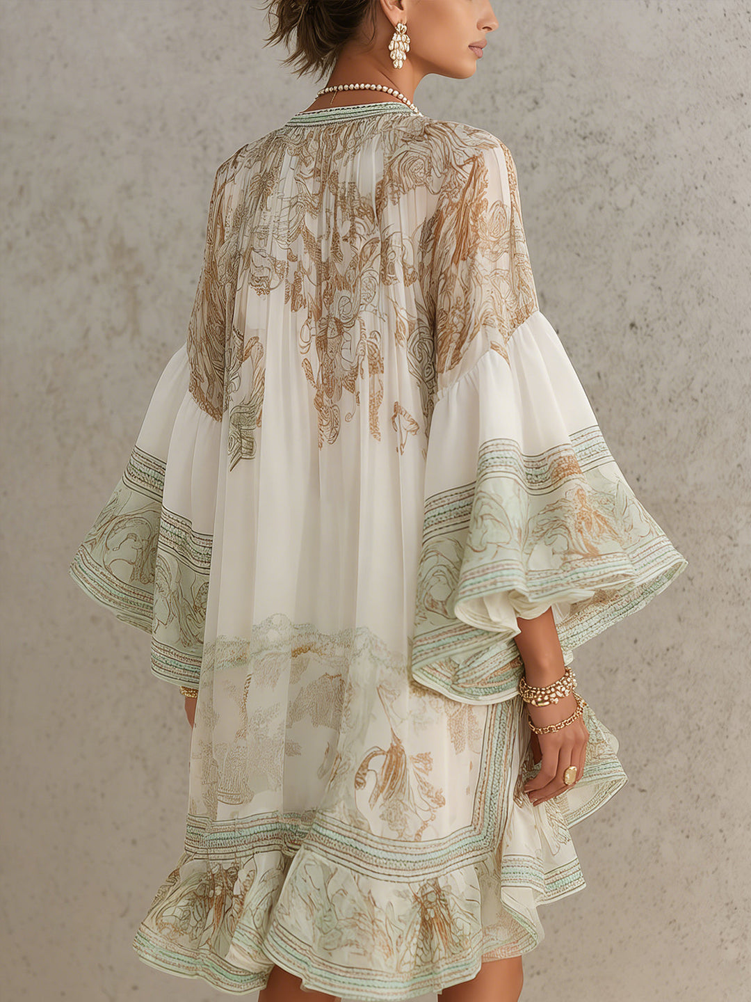Bronwen | Chiffon Mini Dress with Ruffled Sleeves and Green Striped Hem