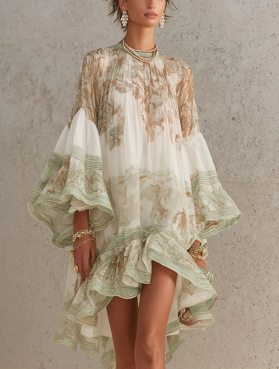 Bronwen | Chiffon Mini Dress with Ruffled Sleeves and Green Striped Hem