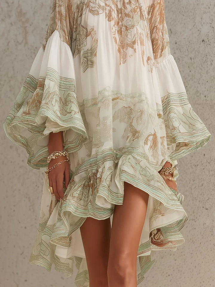 Bronwen | Chiffon Mini Dress with Ruffled Sleeves and Green Striped Hem