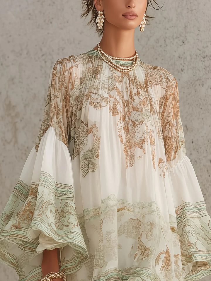 Bronwen | Chiffon Mini Dress with Ruffled Sleeves and Green Striped Hem