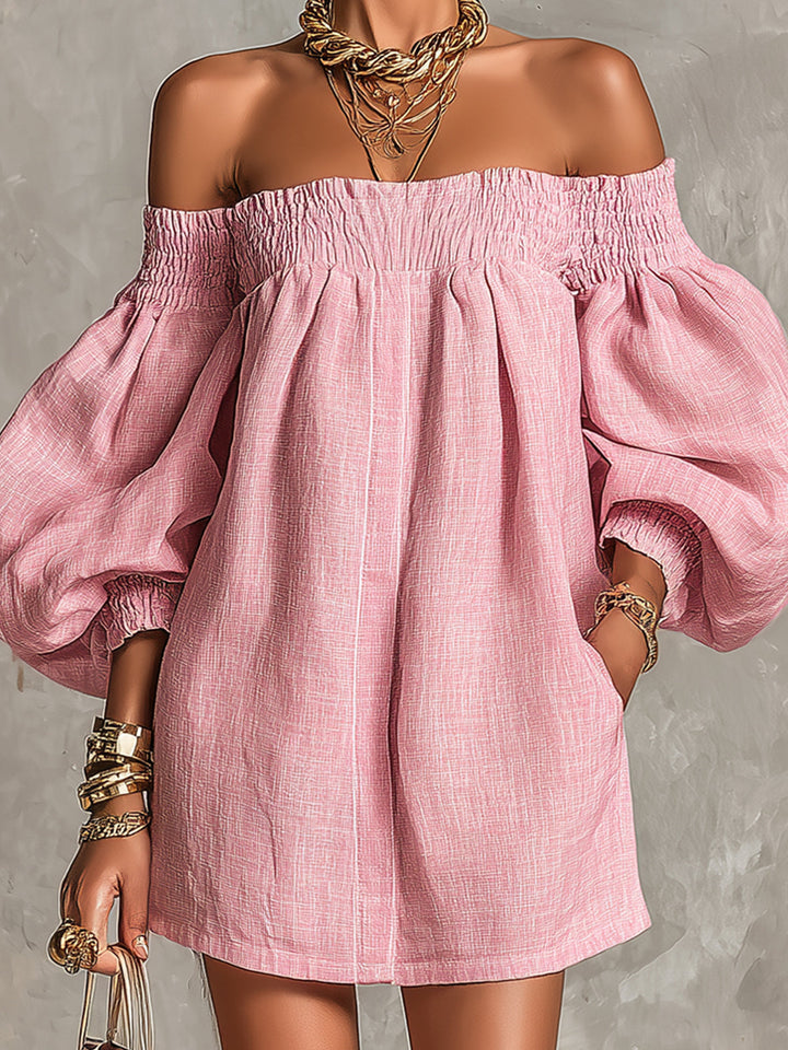 Veronica | Off-the-Shoulder Pink Mini A-Line Dress with Lantern Sleeves
