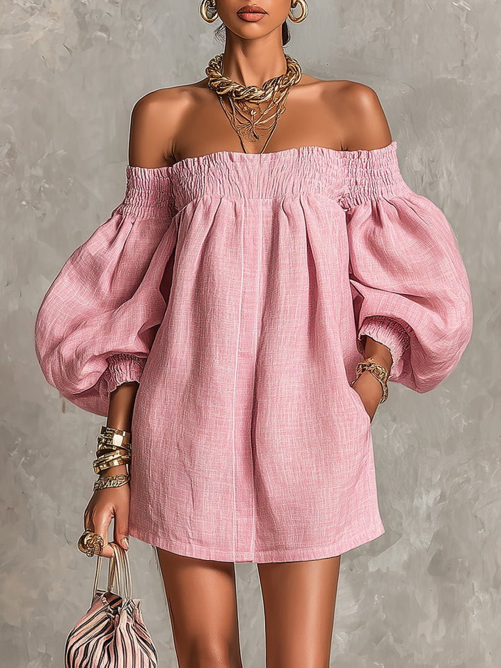 Veronica | Off-the-Shoulder Pink Mini A-Line Dress with Lantern Sleeves