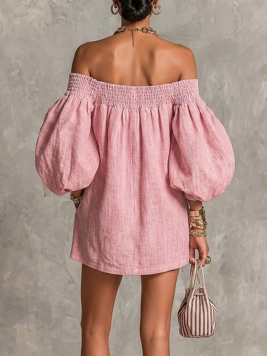 Veronica | Off-the-Shoulder Pink Mini A-Line Dress with Lantern Sleeves