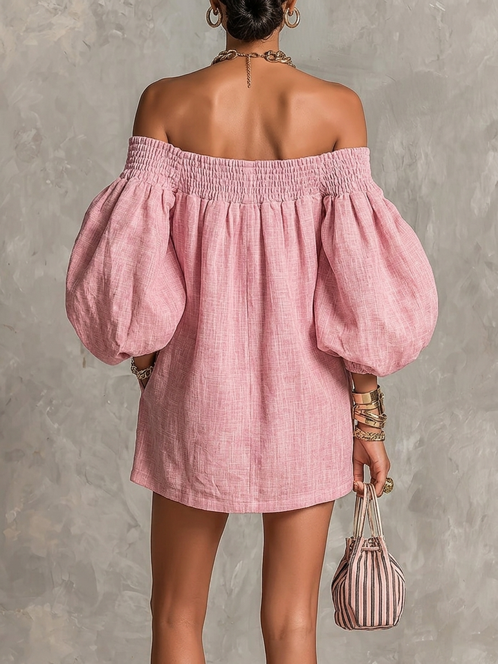Veronica | Off-the-Shoulder Pink Mini A-Line Dress with Lantern Sleeves