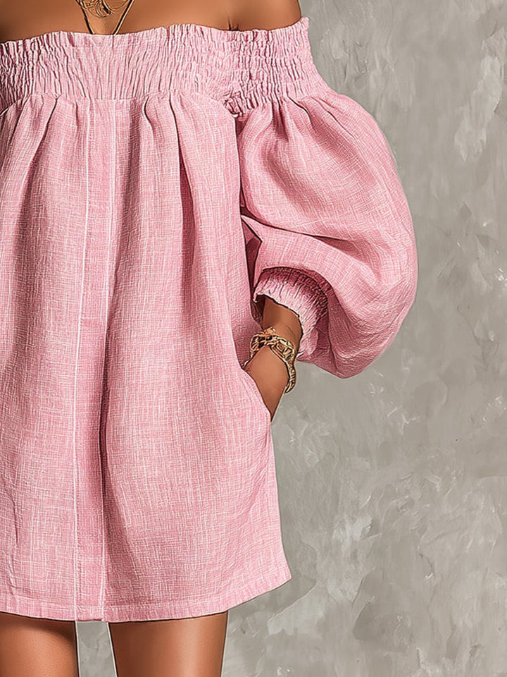 Veronica | Off-the-Shoulder Pink Mini A-Line Dress with Lantern Sleeves
