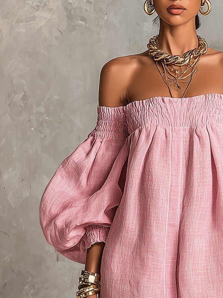 Veronica | Off-the-Shoulder Pink Mini A-Line Dress with Lantern Sleeves