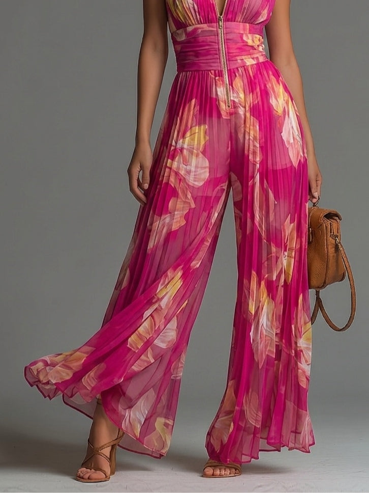 Antonella Jumpsuit | Fuchsia Floral Pleated Chiffon