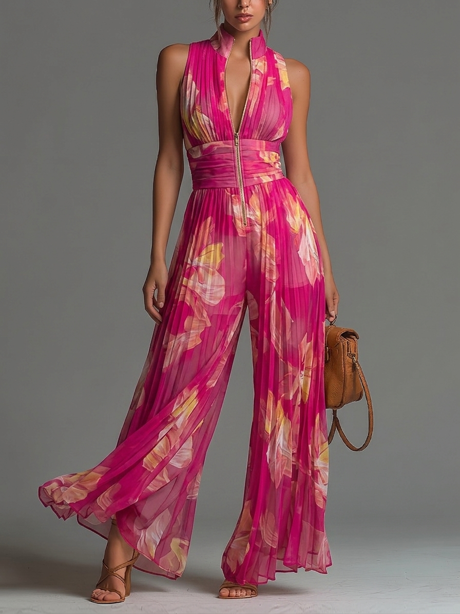 Antonella Jumpsuit | Fuchsia Floral Pleated Chiffon