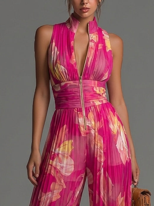 Antonella Jumpsuit | Fuchsia Floral Pleated Chiffon