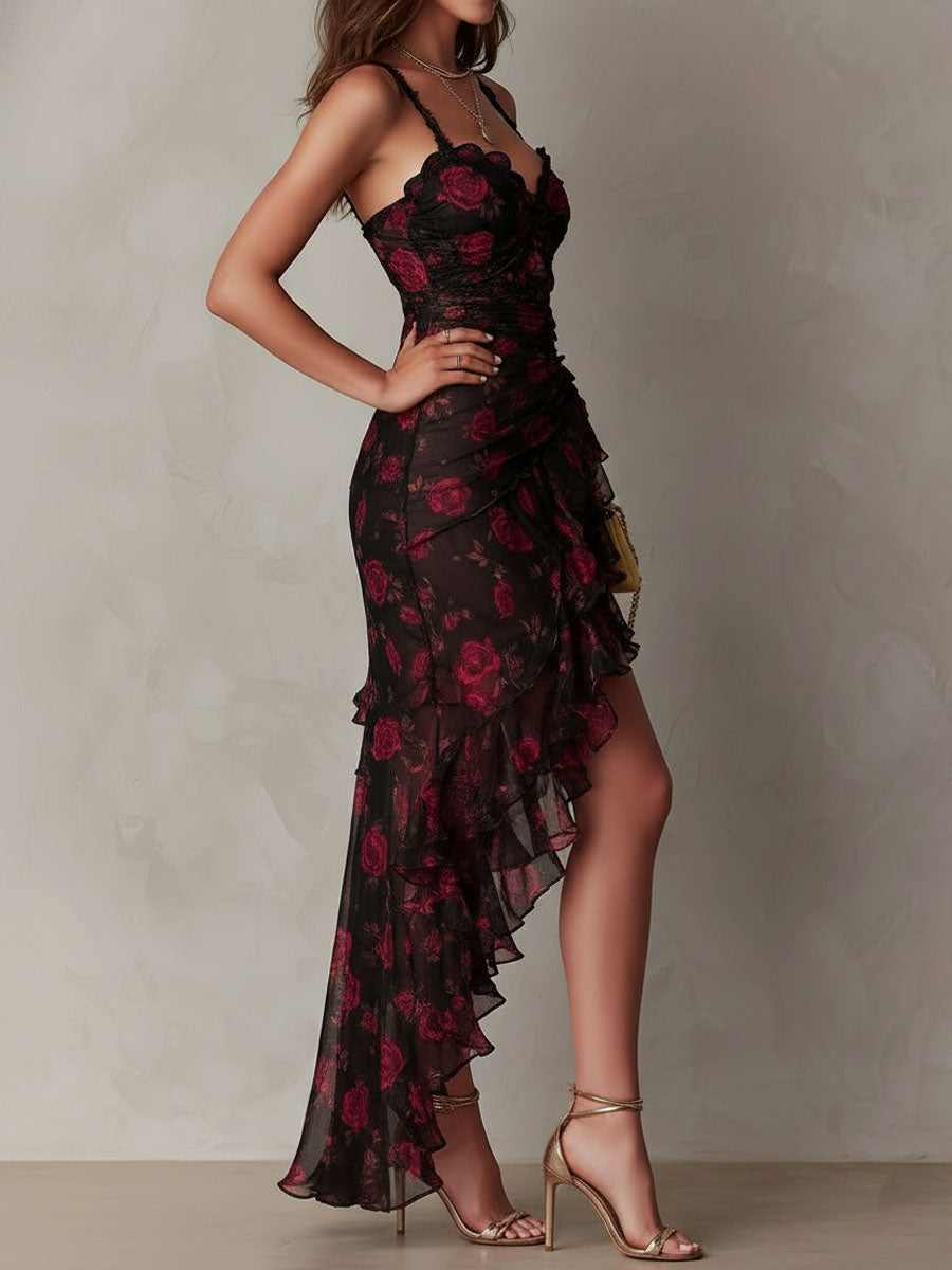 Sylvie | Floral Ruched Ruffle Hem Dress