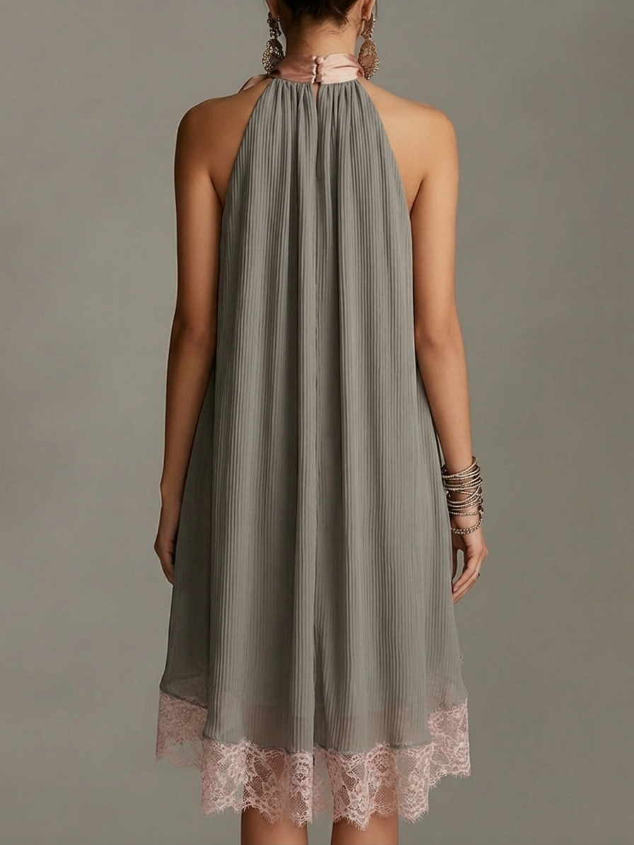 Clelia | Grey satin mini dress with pink bow and lace
