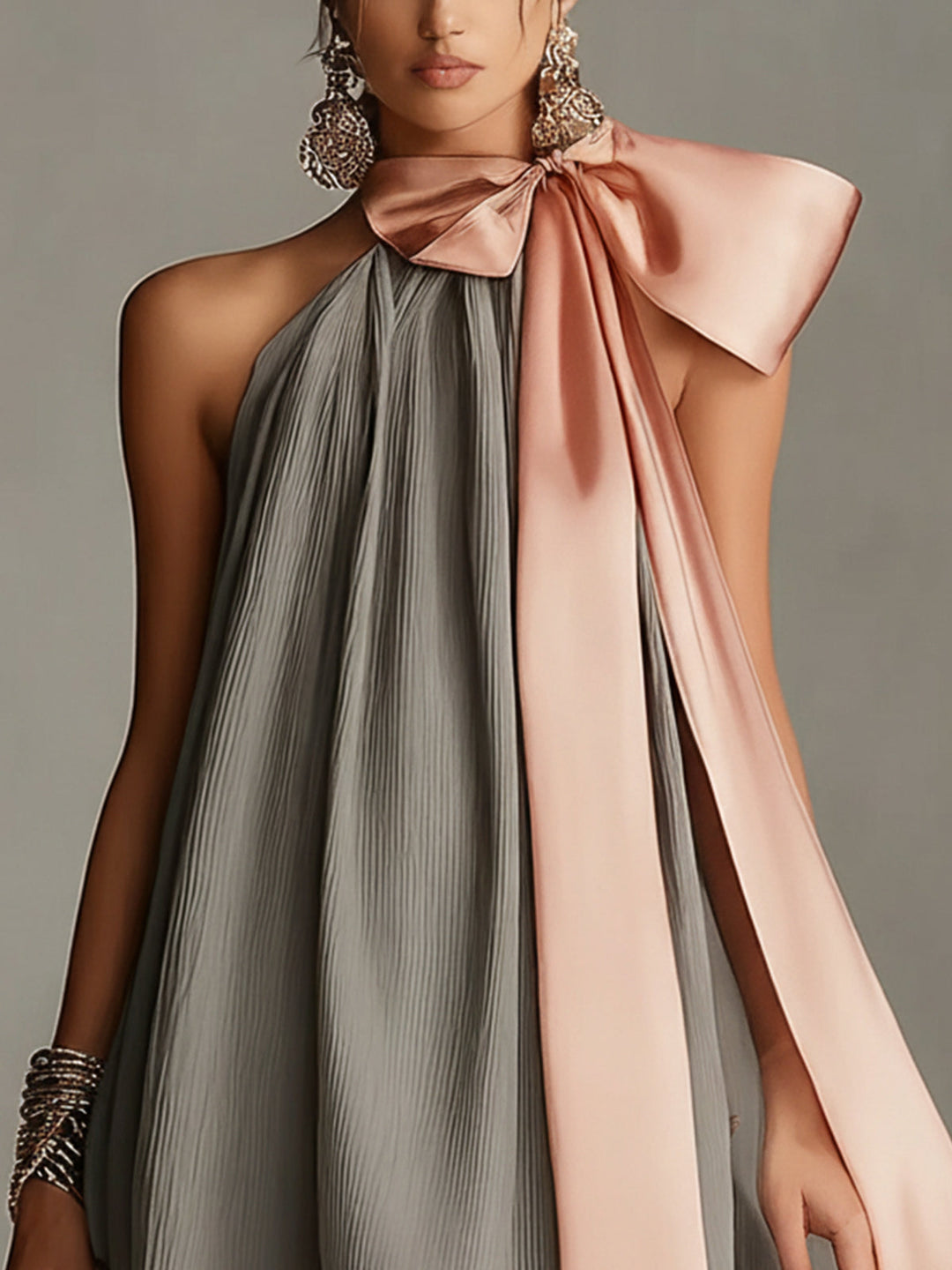 Clelia | Grey satin mini dress with pink bow and lace