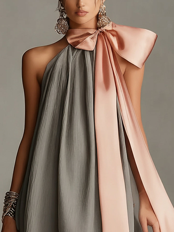 Clelia | Grey satin mini dress with pink bow and lace