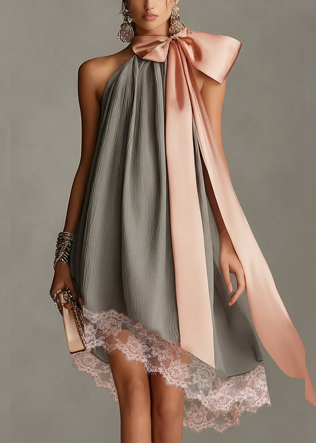 Clelia | Grey satin mini dress with pink bow and lace
