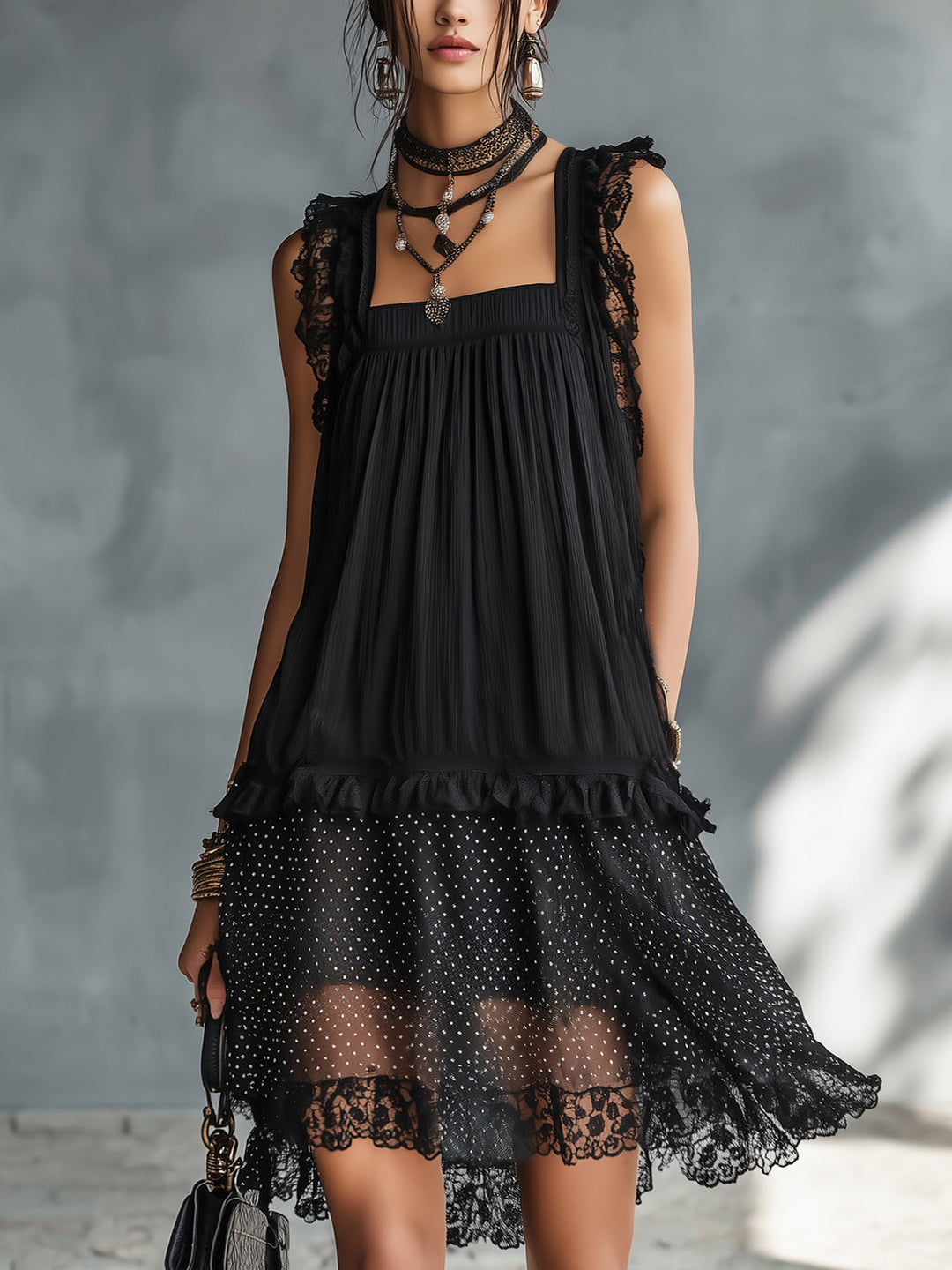 Solange | Mini Sheer Dress with Dots, Ruffles, and Black Lace Accents