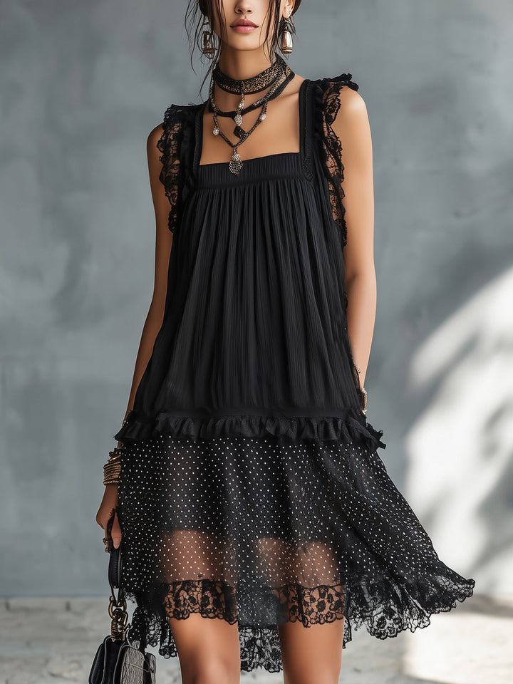 Solange | Mini Sheer Dress with Dots, Ruffles, and Black Lace Accents