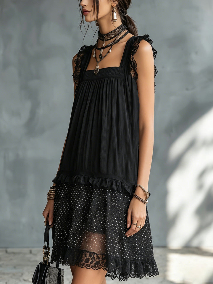 Solange | Mini Sheer Dress with Dots, Ruffles, and Black Lace Accents