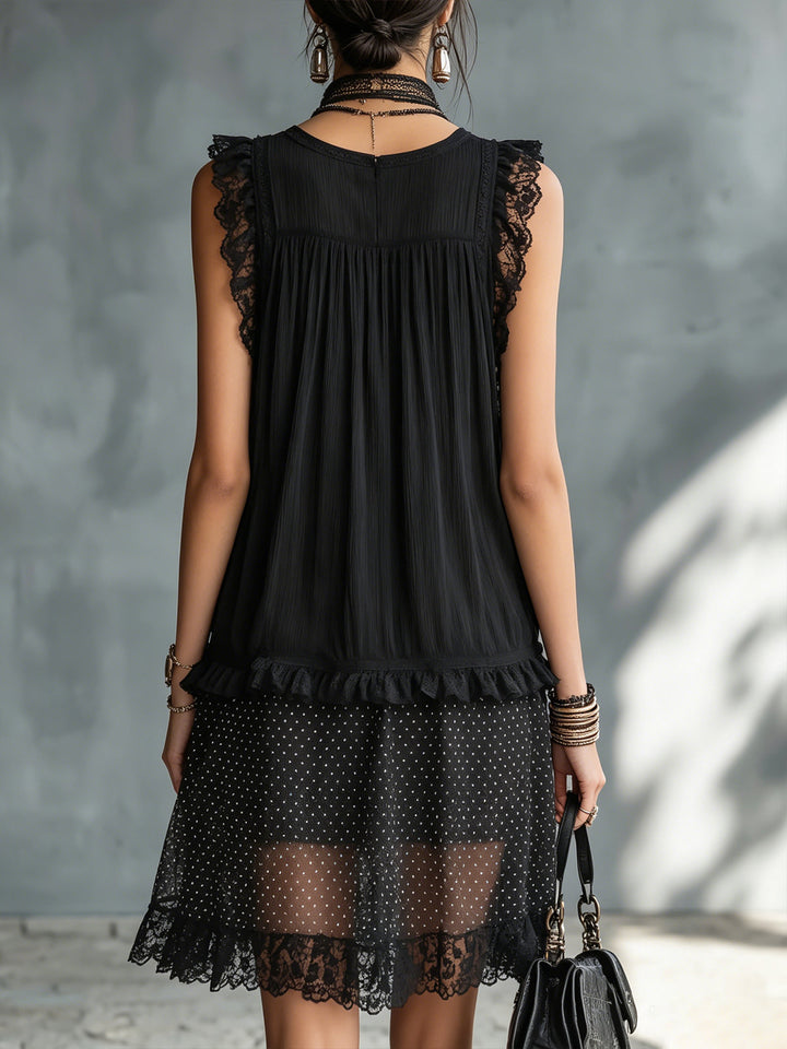 Solange | Mini Sheer Dress with Dots, Ruffles, and Black Lace Accents