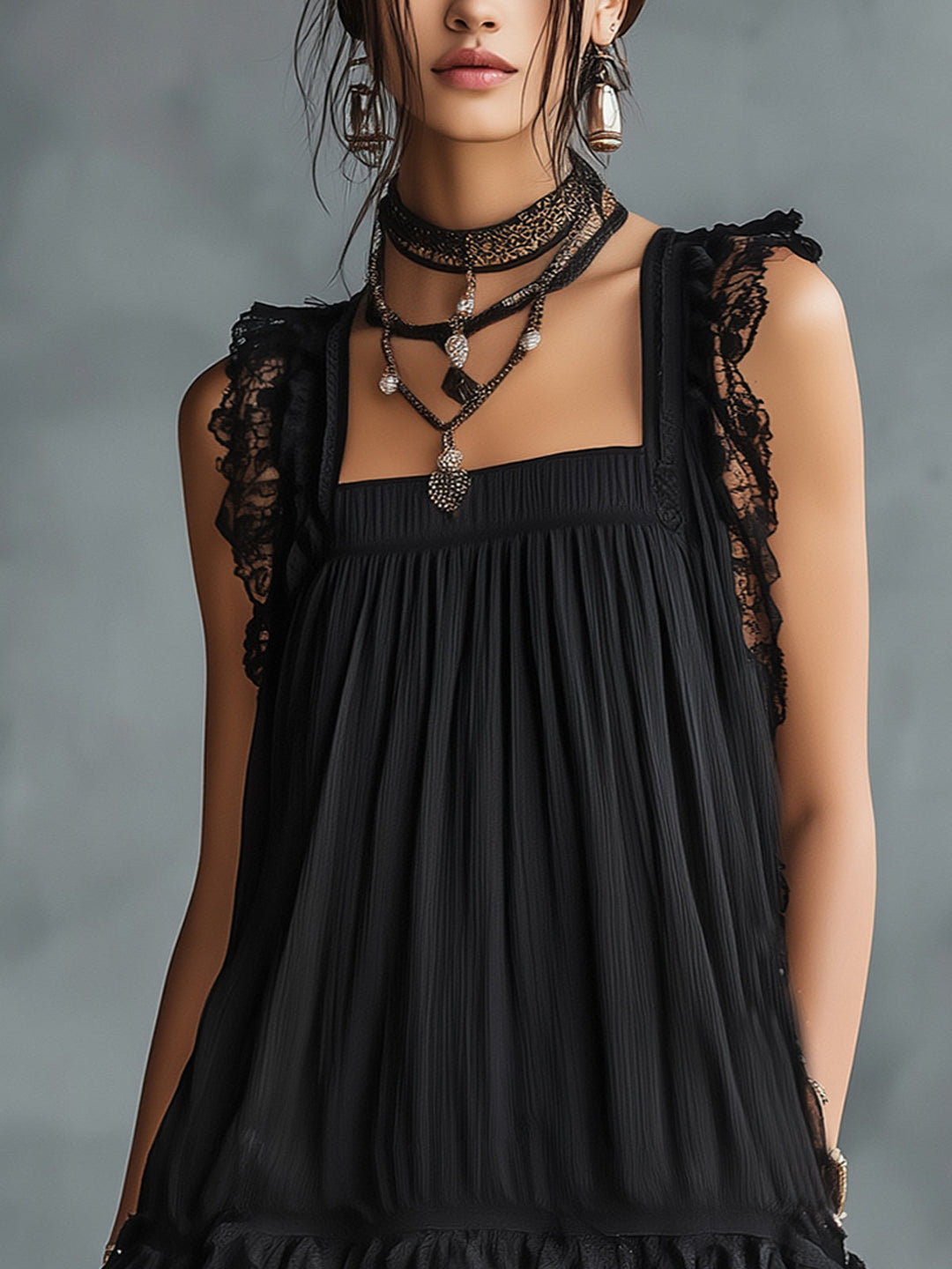Solange | Mini Sheer Dress with Dots, Ruffles, and Black Lace Accents