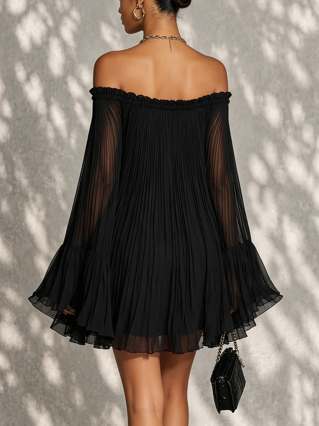 Veronique | Black Off-the-Shoulder Mini Dress with Ruched Detail and Bell Sleeves