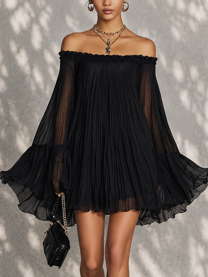 Veronique | Black Off-the-Shoulder Mini Dress with Ruched Detail and Bell Sleeves