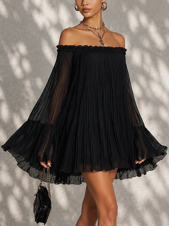 Veronique | Black Off-the-Shoulder Mini Dress with Ruched Detail and Bell Sleeves