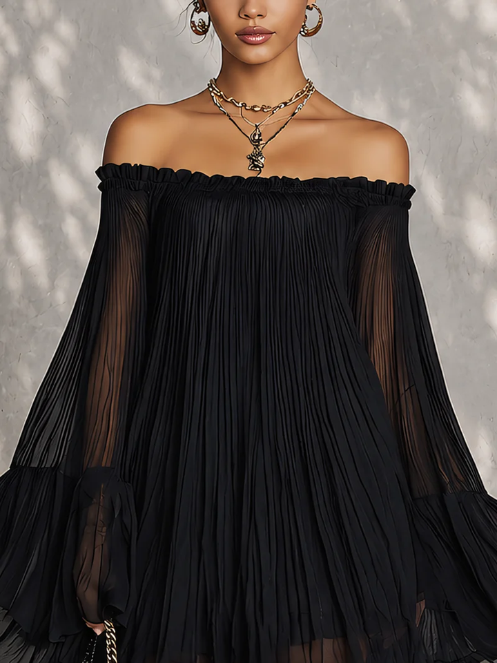 Veronique | Black Off-the-Shoulder Mini Dress with Ruched Detail and Bell Sleeves