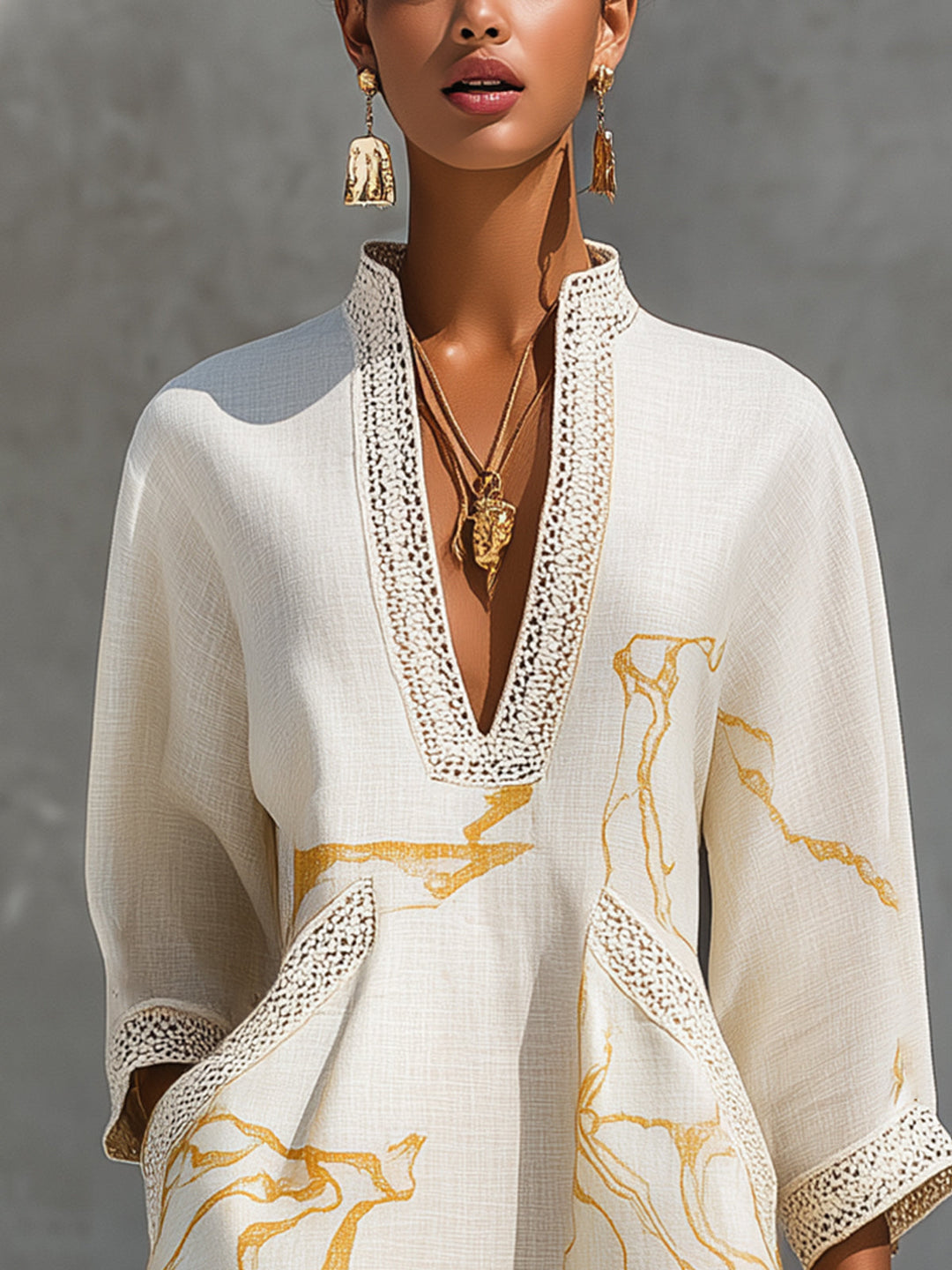 Yolanda | Ivory Mini Dress Featuring Golden Crochet Lace and V-Neck Design
